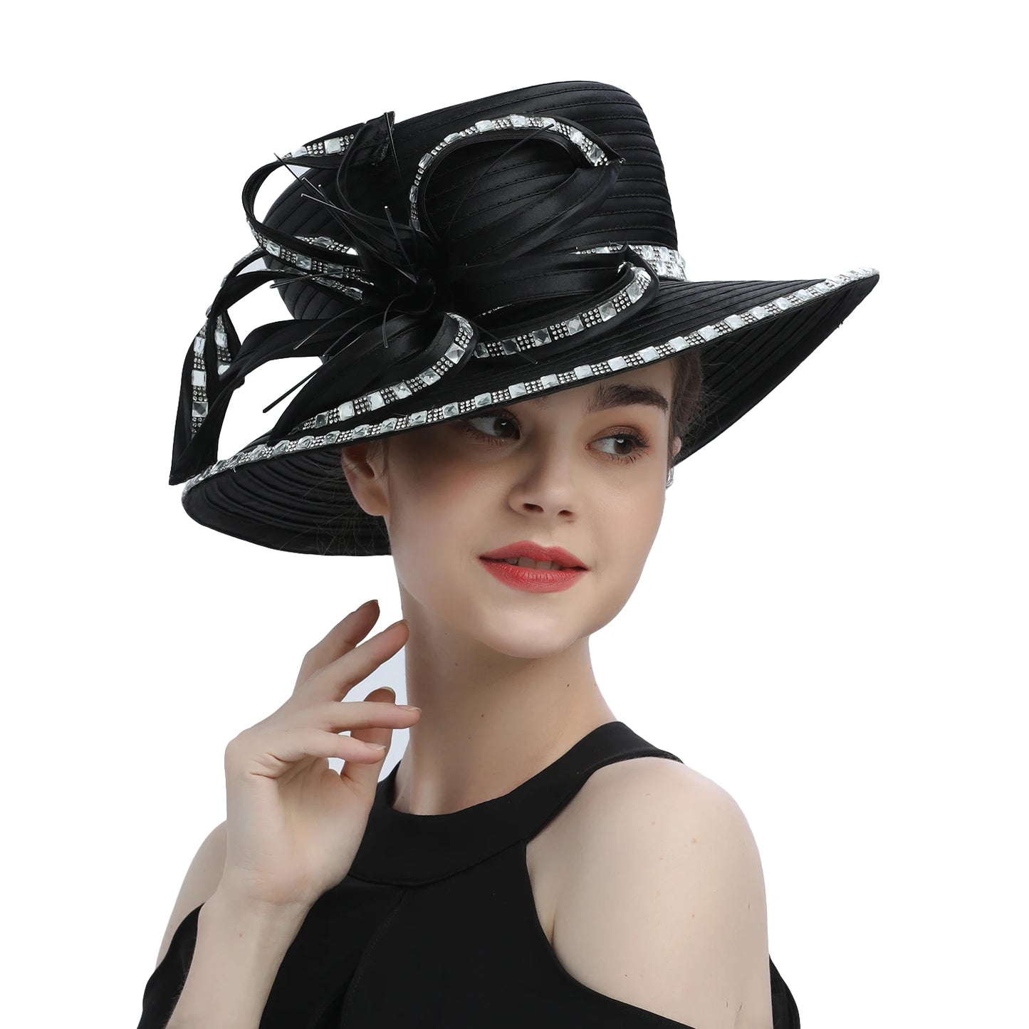 Premium Black Satin Church Hat | Fashion Flower Chain Wedding Top Hat