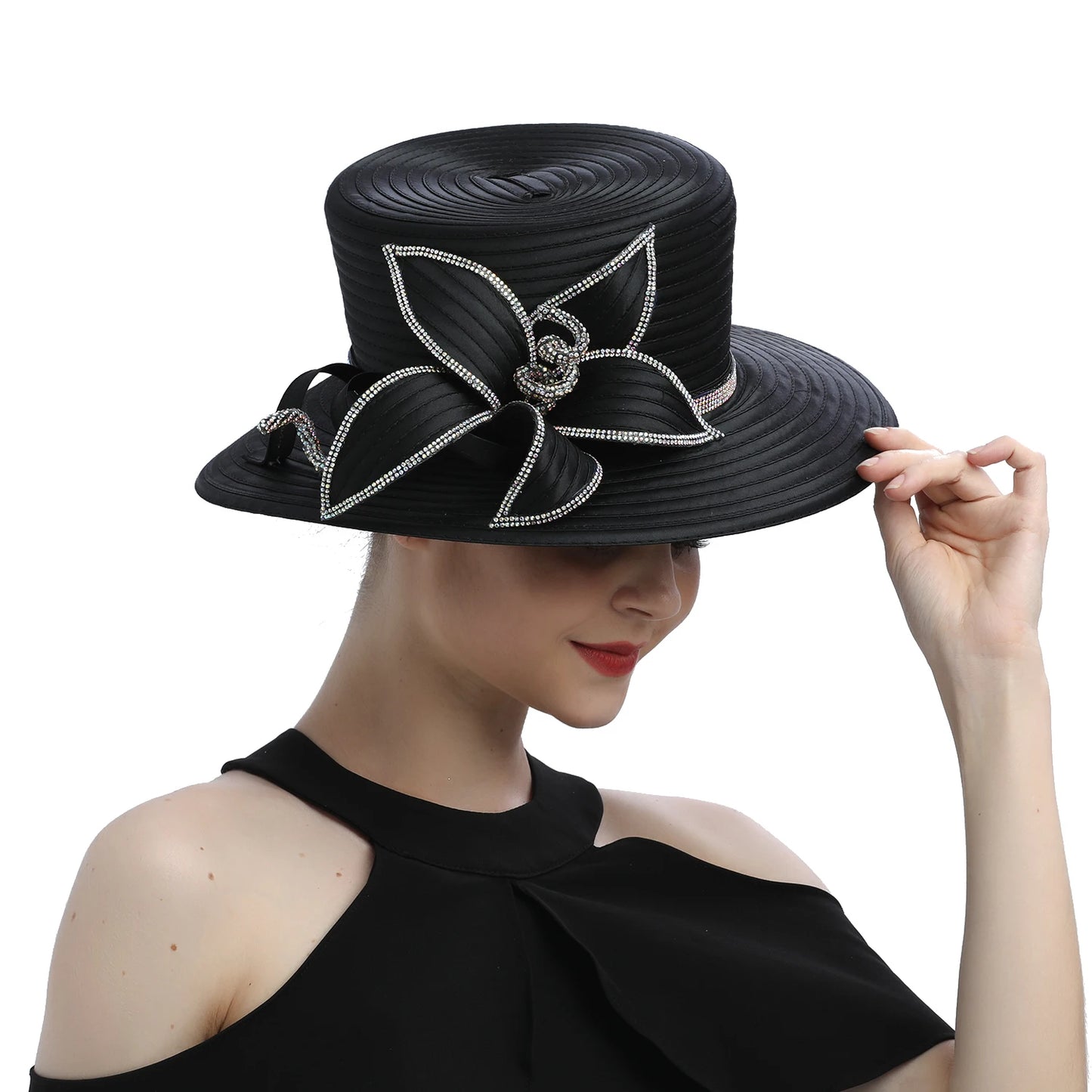 Premium Black Satin Church Hat | Fashion Flower Chain Wedding Top Hat