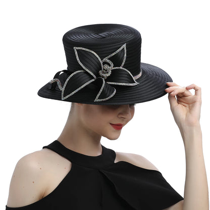 Premium Black Satin Church Hat | Fashion Flower Chain Wedding Top Hat