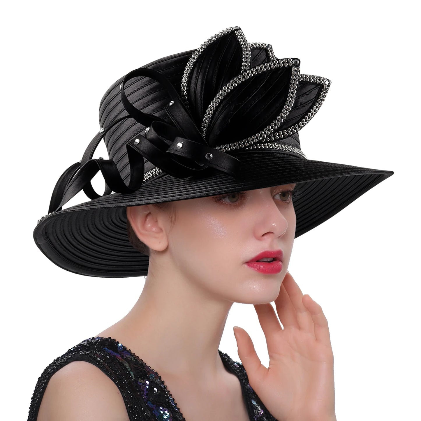 Premium Black Satin Church Hat | Fashion Flower Chain Wedding Top Hat