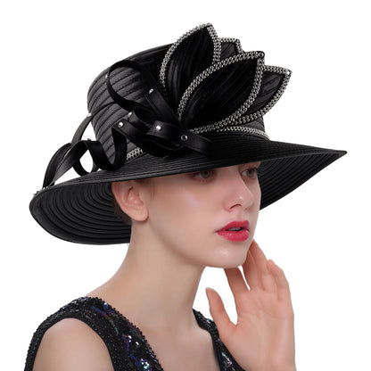 Premium Black Satin Church Hat | Fashion Flower Chain Wedding Top Hat