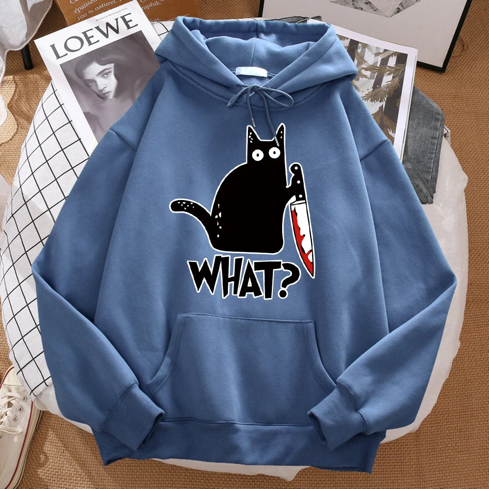 What Cute Little Black Cat Holding A Knife Men Sweatshirt Hip Hop Pullover HoodieUnisex for Men and Women