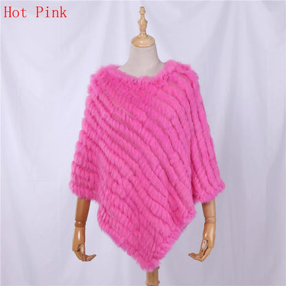 Genuine Rabbit Fur Knitted Natural Fur Poncho Fashion Wrap Coat Shawl Lady Scarf for Women