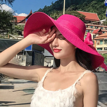 New Summer Women Straw Hat Bowknot Wide Brim Floppy Foldable Panama Hats Adult Outdoor Sun Protection Flat Top Ribbon Beach Cap