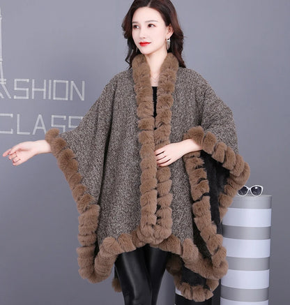 Luxury Faux Fur Coat Rabbit Fur Poncho Shawl Wraps Loose Fluffy Fur Long Cloak Cape for Women