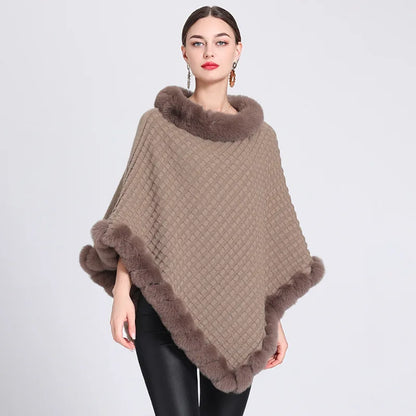 Plaid Stripes Faux Fur Pullover Cape Coat Autumn Winter Knit Poncho Cloak Wrap Shawl for Women