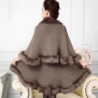 Faux Fox Fur Collar Oversize Coat Winter Warm Long Knitted Cape Cashmere Loose Shawl for Women