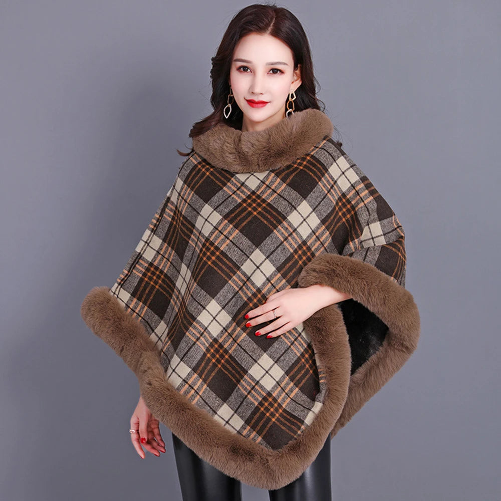 Winter Thick Warm Poncho Faux Rabbit Fur Collar Cape Coat Outerwear Fluffy Plush Wraps Cloak Shawl for Women