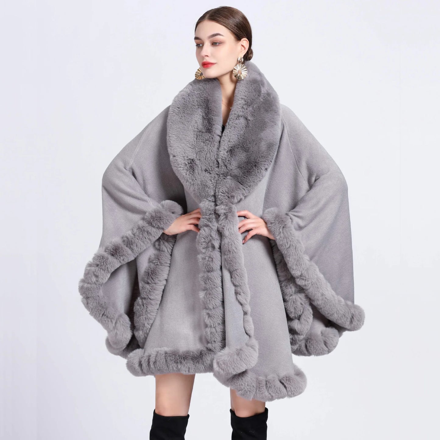 Rabbit Faux Fur Shawl Lady Cashmere Feel Wrap Autumn Winter Solid Color Cloak Classic Luxury Warm Overcoat for Women