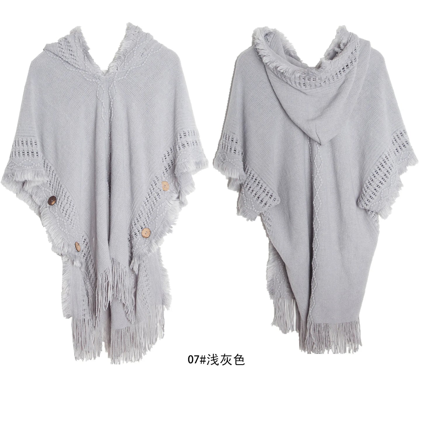 Button Shawl Bohemian Tassel Sweater Knit Sweater Pullover Hooded Cape Spring and Autumn for Women