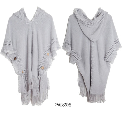 Button Shawl Bohemian Tassel Sweater Knit Sweater Pullover Hooded Cape Spring and Autumn for Women