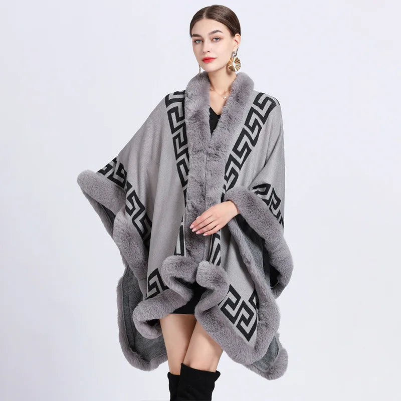 Striped Poncho Cape Cashmere Loose Shawl Cloak Women Faux Rabbit Fur Collar Big Pendulum Coat for Women