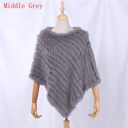 Genuine Rabbit Fur Knitted Natural Fur Poncho Fashion Wrap Coat Shawl Lady Scarf for Women