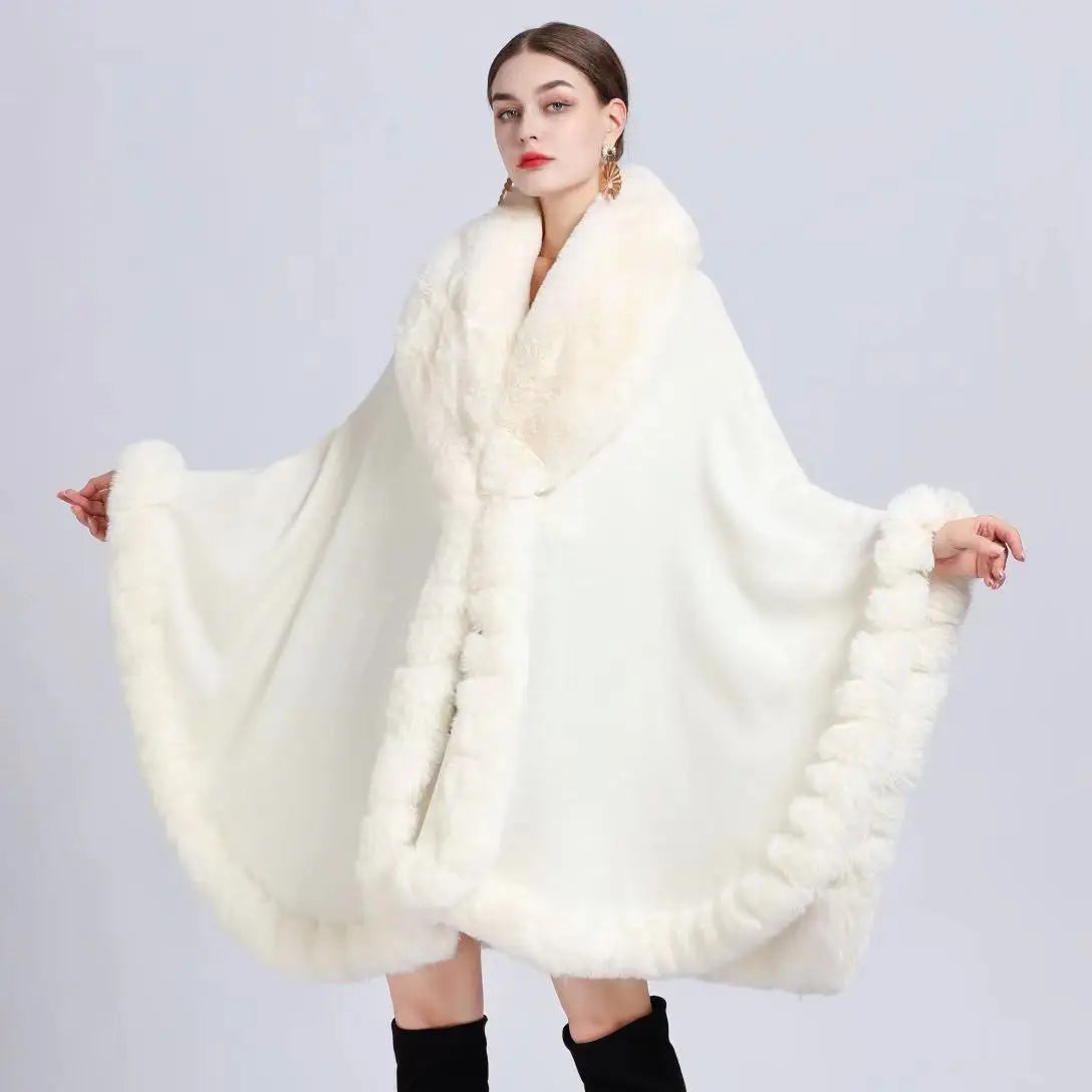 Rabbit Faux Fur Shawl Lady Cashmere Feel Wrap Autumn Winter Solid Color Cloak Classic Luxury Warm Overcoat for Women