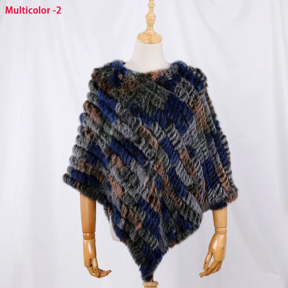 Genuine Rabbit Fur Knitted Natural Fur Poncho Fashion Wrap Coat Shawl Lady Scarf for Women