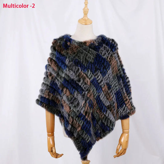Genuine Rabbit Fur Knitted Natural Fur Poncho Fashion Wrap Coat Shawl Lady Scarf for Women