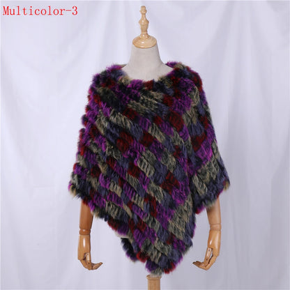 Genuine Rabbit Fur Knitted Natural Fur Poncho Fashion Wrap Coat Shawl Lady Scarf for Women