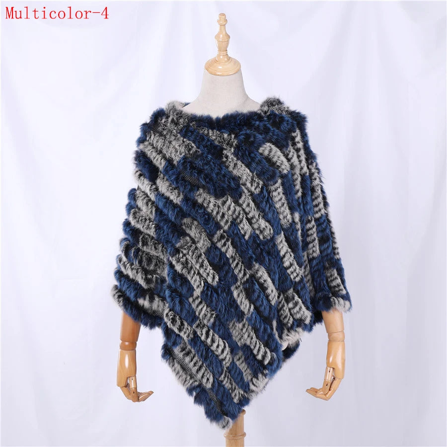 Genuine Rabbit Fur Knitted Natural Fur Poncho Fashion Wrap Coat Shawl Lady Scarf for Women