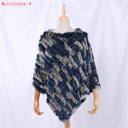 Genuine Rabbit Fur Knitted Natural Fur Poncho Fashion Wrap Coat Shawl Lady Scarf for Women