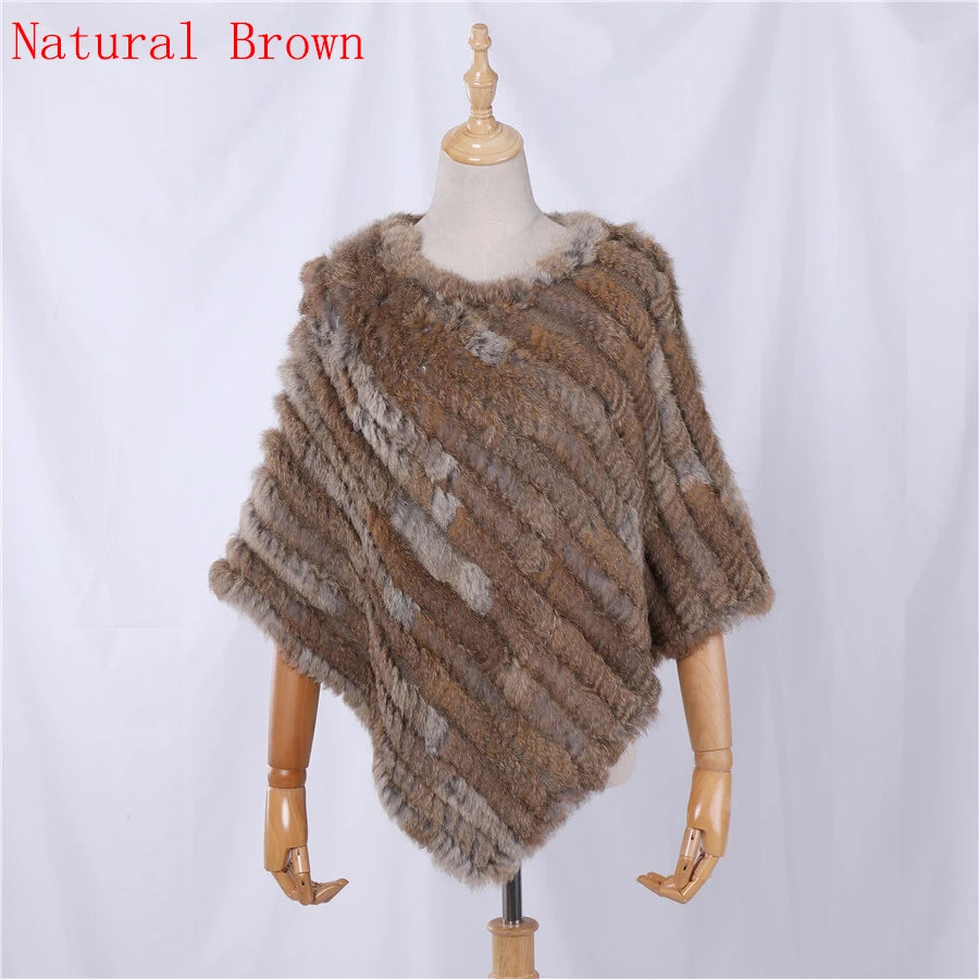 Genuine Rabbit Fur Knitted Natural Fur Poncho Fashion Wrap Coat Shawl Lady Scarf for Women