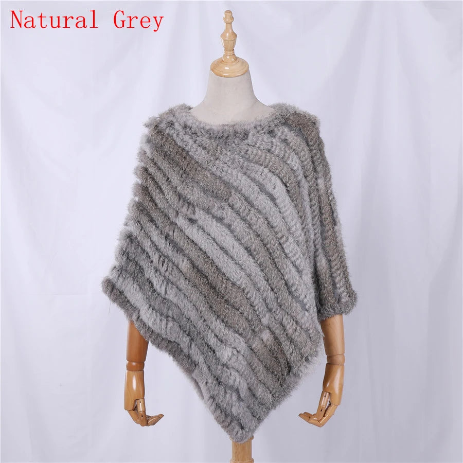 Genuine Rabbit Fur Knitted Natural Fur Poncho Fashion Wrap Coat Shawl Lady Scarf for Women