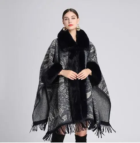 Thick Faux Fur Mantle Big Collar Loose Printed Poncho Pendulum Capes Streetwear Tassel Long Cloak Pocket Overcoat for Women