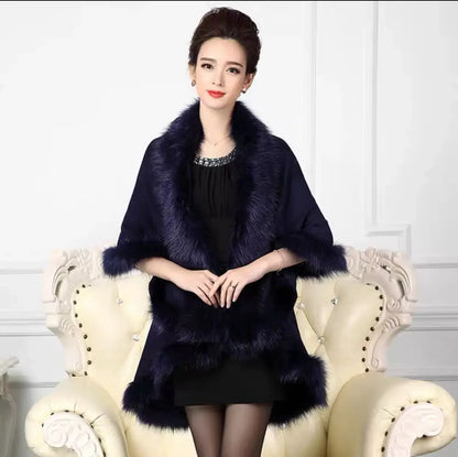 Faux Fox Fur Collar Oversize Coat Winter Warm Long Knitted Cape Cashmere Loose Shawl for Women