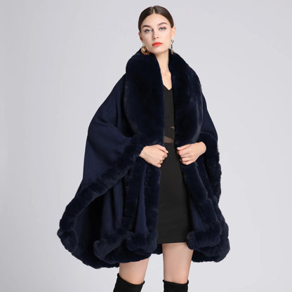 Rabbit Faux Fur Shawl Lady Cashmere Feel Wrap Autumn Winter Solid Color Cloak Classic Luxury Warm Overcoat for Women