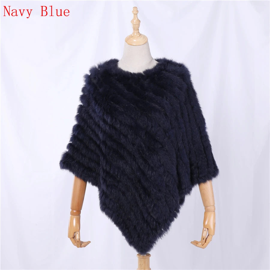 Genuine Rabbit Fur Knitted Natural Fur Poncho Fashion Wrap Coat Shawl Lady Scarf for Women