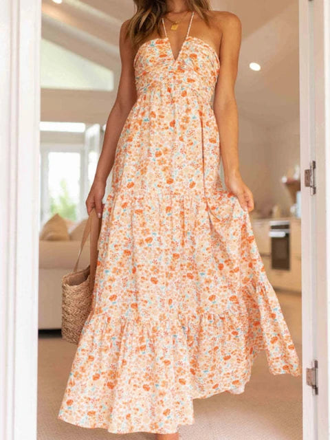 Floral Print Deep V Maxi Dress