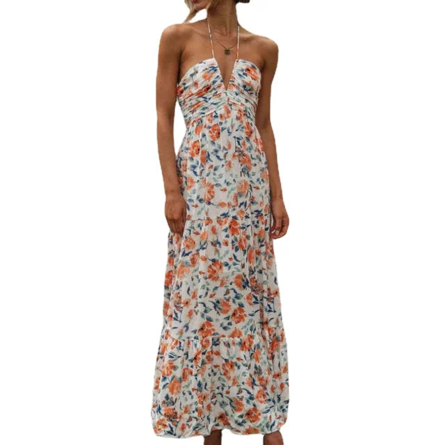 Floral Print Deep V Maxi Dress