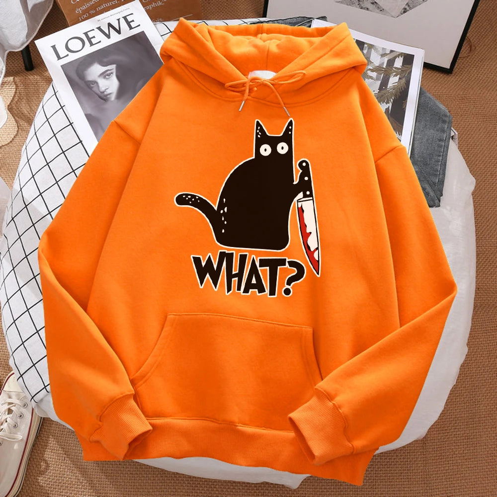 What Cute Little Black Cat Holding A Knife Men Sweatshirt Hip Hop Pullover HoodieUnisex for Men and Women