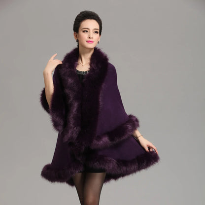 Faux Fox Fur Collar Oversize Coat Winter Warm Long Knitted Cape Cashmere Loose Shawl for Women