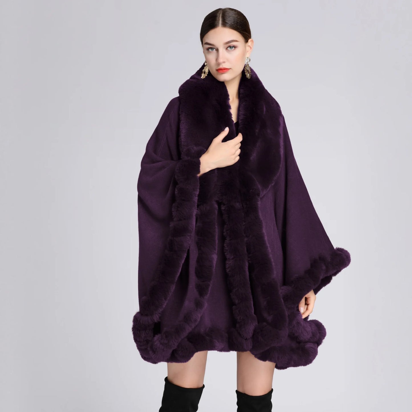 Rabbit Faux Fur Shawl Lady Cashmere Feel Wrap Autumn Winter Solid Color Cloak Classic Luxury Warm Overcoat for Women