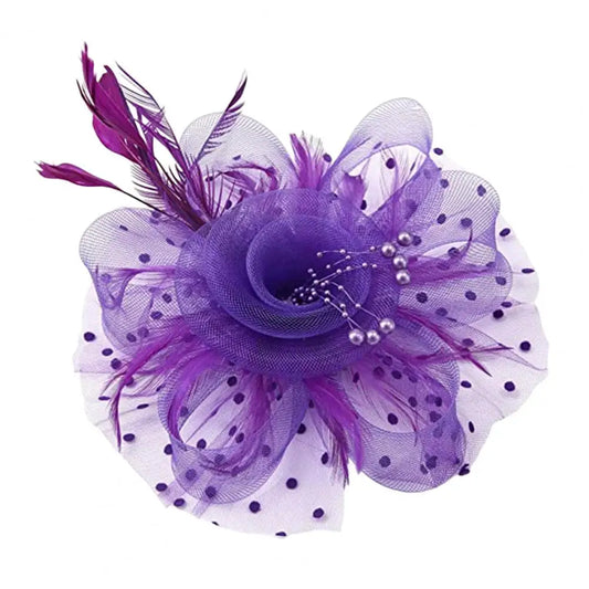 Feather & Mesh Flower Fascinator with Faux Pearls