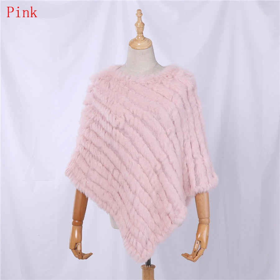 Genuine Rabbit Fur Knitted Natural Fur Poncho Fashion Wrap Coat Shawl Lady Scarf for Women