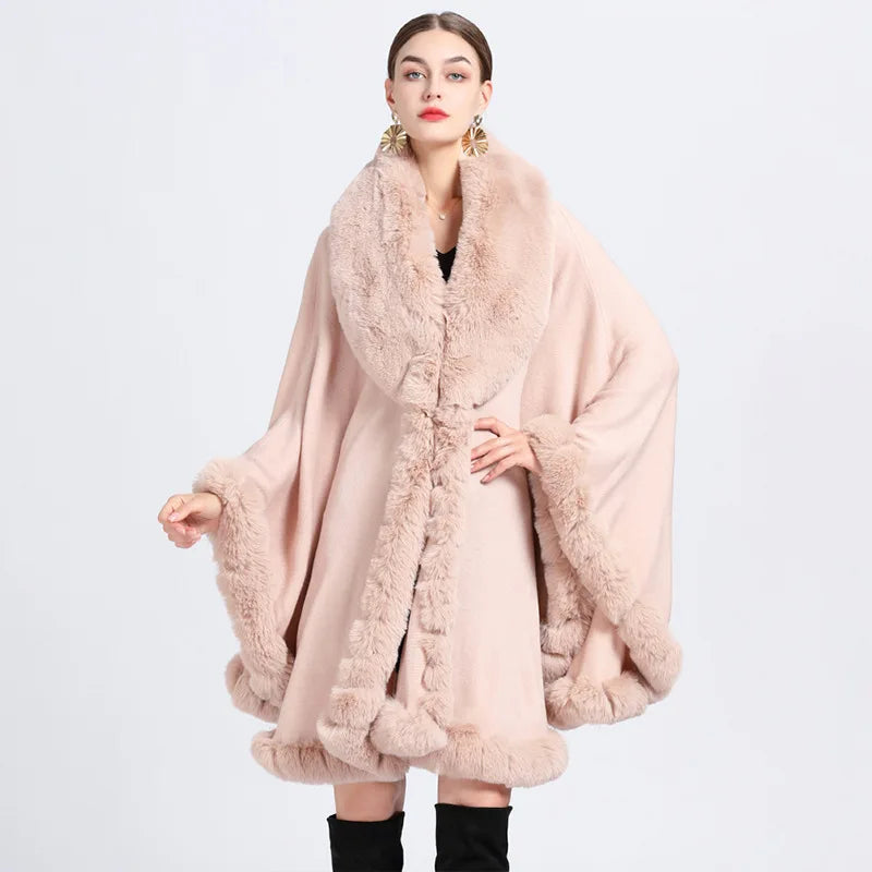 Rabbit Faux Fur Shawl Lady Cashmere Feel Wrap Autumn Winter Solid Color Cloak Classic Luxury Warm Overcoat for Women