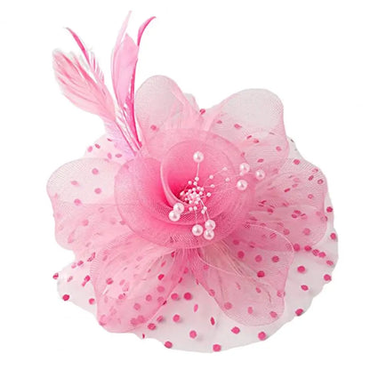 Feather & Mesh Flower Fascinator with Faux Pearls