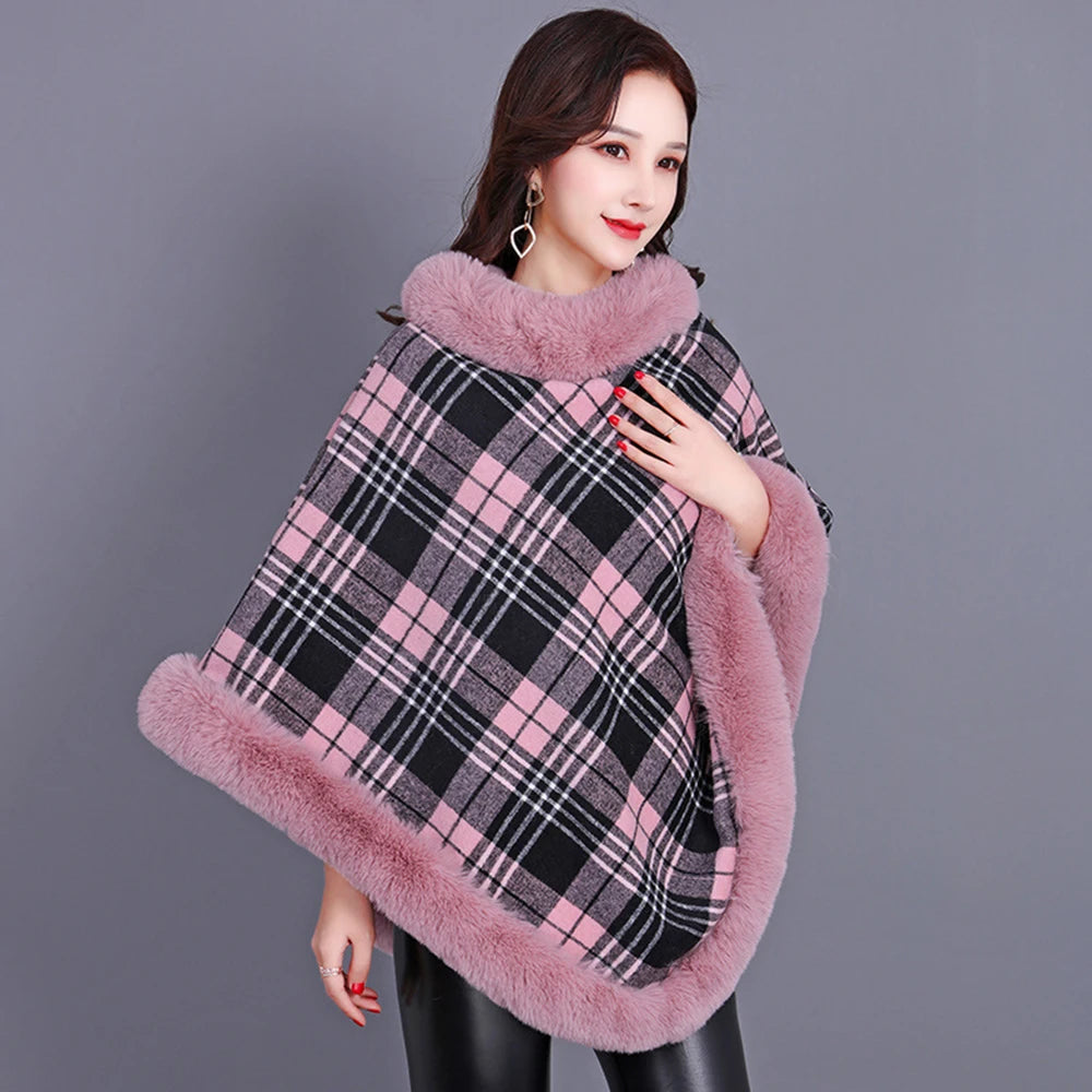 Winter Thick Warm Poncho Faux Rabbit Fur Collar Cape Coat Outerwear Fluffy Plush Wraps Cloak Shawl for Women