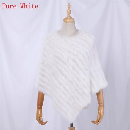 Genuine Rabbit Fur Knitted Natural Fur Poncho Fashion Wrap Coat Shawl Lady Scarf for Women