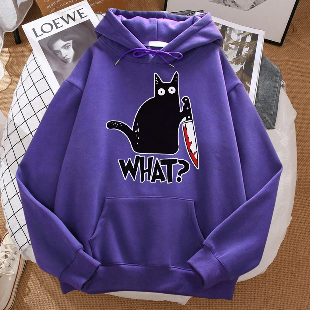 What Cute Little Black Cat Holding A Knife Men Sweatshirt Hip Hop Pullover HoodieUnisex for Men and Women