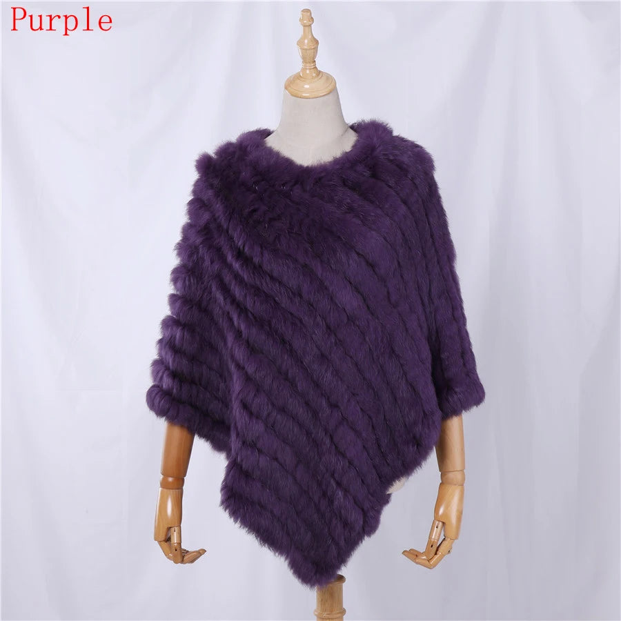 Genuine Rabbit Fur Knitted Natural Fur Poncho Fashion Wrap Coat Shawl Lady Scarf for Women