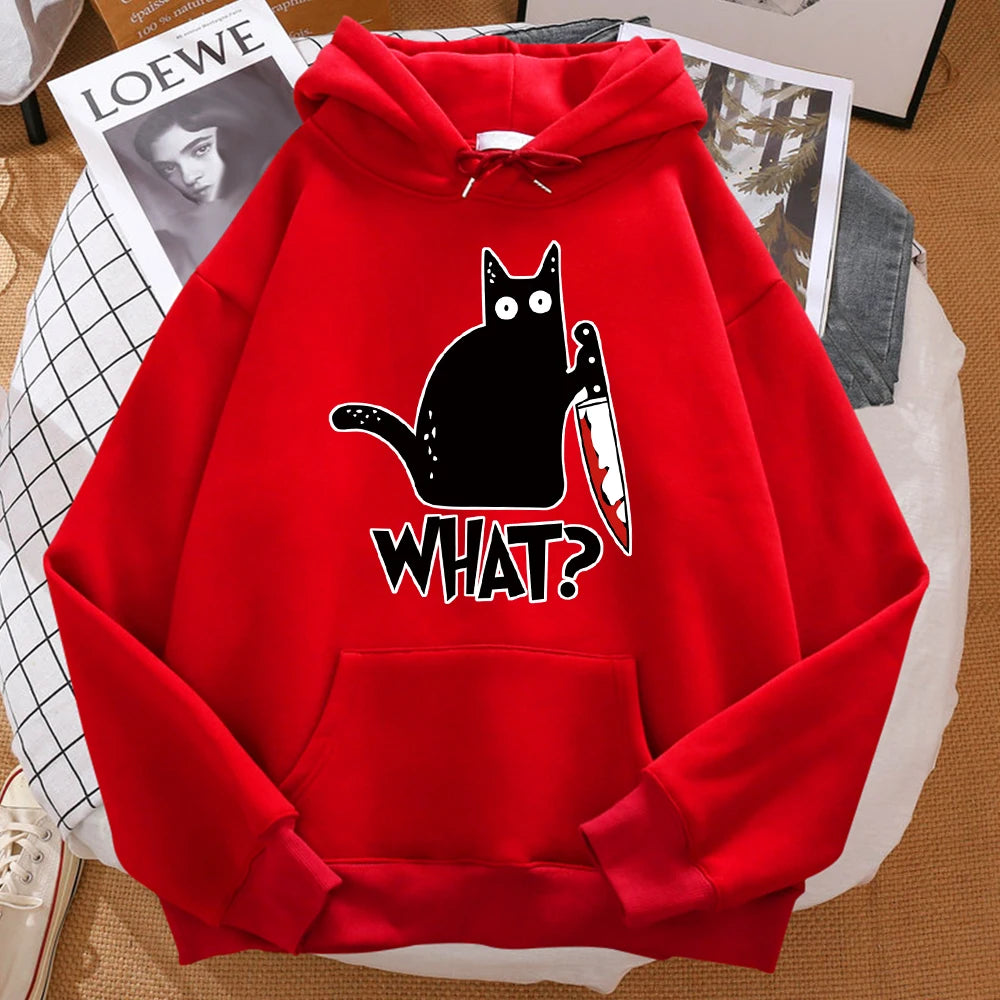 What Cute Little Black Cat Holding A Knife Men Sweatshirt Hip Hop Pullover HoodieUnisex for Men and Women