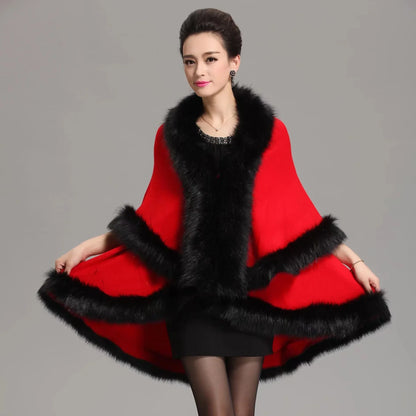 Faux Fox Fur Collar Oversize Coat Winter Warm Long Knitted Cape Cashmere Loose Shawl for Women