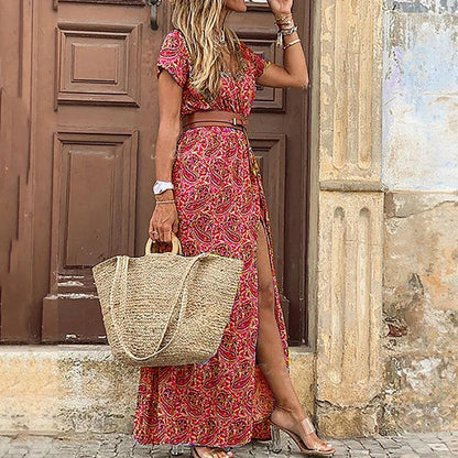 Printed Short Sleeve Maxi Slit Dress