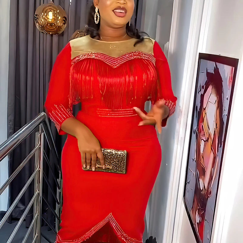 Elegant Bodycon Dress for Women Crystal Mesh Patchwork Crew Neck Sweetheart Tassel Midi Dress Chic Night Out Party Dress