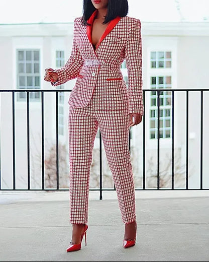 Elegant Houndstooth Blazer Suit and Pants Two 2Piece Set for Women Autumn Winter Classic OL Street Outfit Tracksuit