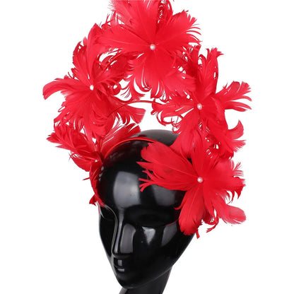 Vintage Feather Flower Top Hat – Green Hair Hoop with Pearls