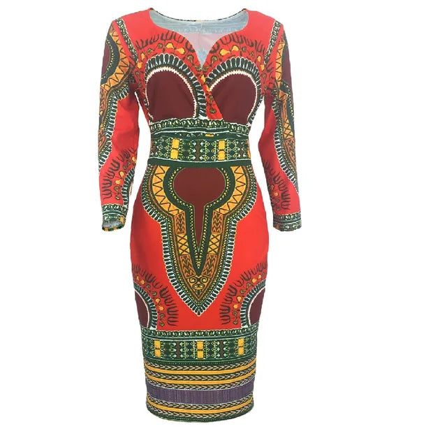 Dashiki Print Long Sleeve Bodycon African Dress