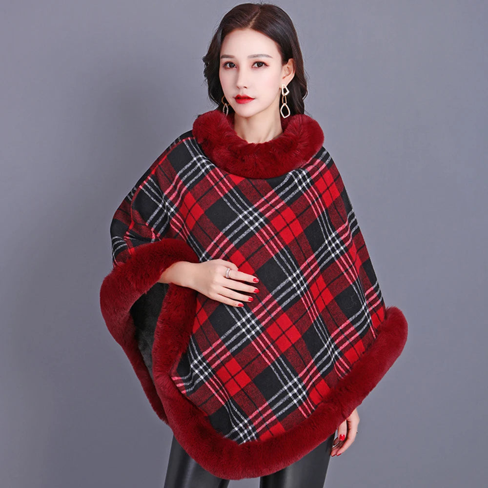 Winter Thick Warm Poncho Faux Rabbit Fur Collar Cape Coat Outerwear Fluffy Plush Wraps Cloak Shawl for Women